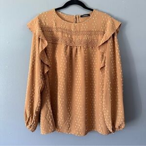 Fashion Bubble Sleeve Sheer Top | Swiss Dot Texture | Eyelet Lace  | Caramel Tan